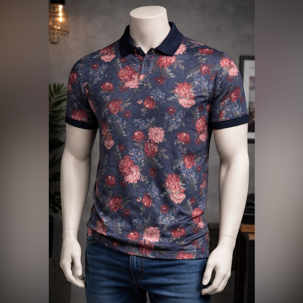Abercrombie & Fitch Soft A&F Air Knit Polo Shirt Men’s Large Blue Floral Stretch